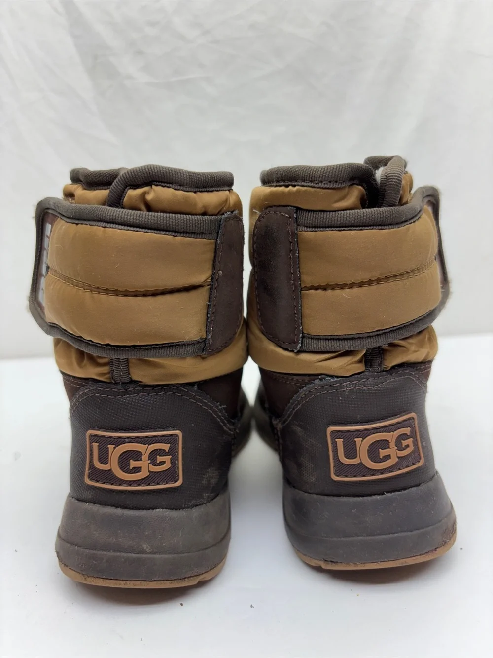 UGG Kids Brown and Tan Winter Booties, size 11 for toddler boy, box 74